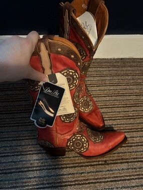 Dan Post - Women's Red Leather Western Boots with Embroidered Medallions